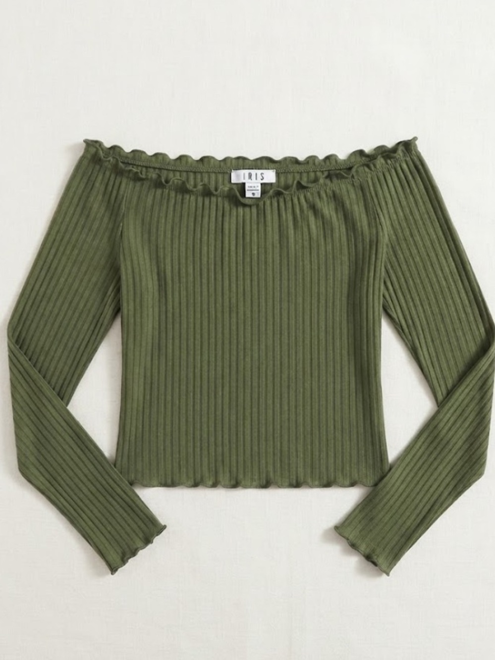 iris Olive Ribbed Off-Shoulder Lettuce-Edge Sweater